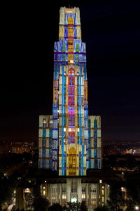 architectural projection on Cathedral of Learning University of Pittsburgh in occasion of 250 Pittsburgh Festival of Lights 2008